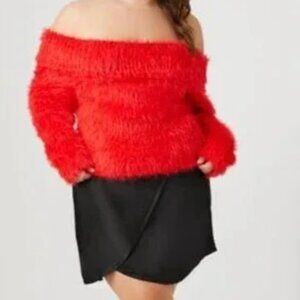 Forever21+ Women's Red Vegan Faux Fur Off The Shoulder Top Size 2X